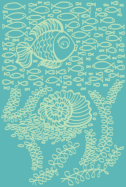 istock Fishes in sea with shell and seaweed. Cartoon illustration 498099668