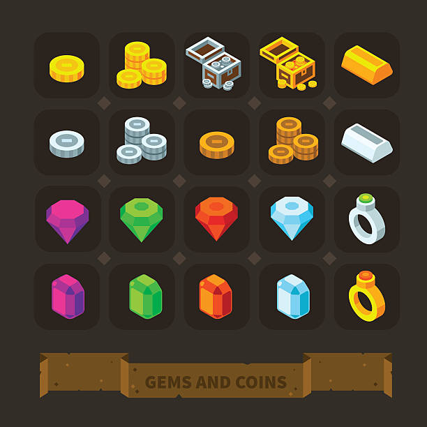 illustrazioni stock, clip art, cartoni animati e icone di tendenza di fantasy gioco icone set: gemme e monete. - bronze silver gold perks