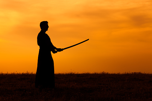 Silhouette of kendo fighter holding bokuto
