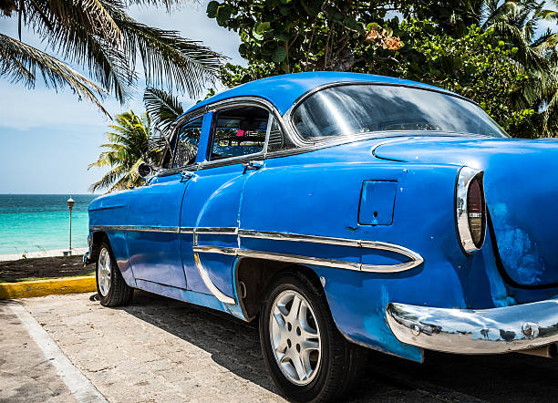 istock HDR blue american vintage car parked on the beach 498100714