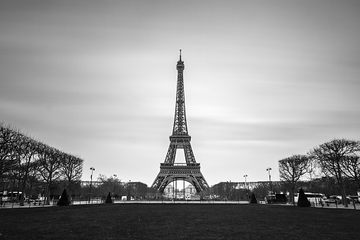 Eiffel tower at night with fireworks, french celebration and party, black and white image, Paris France