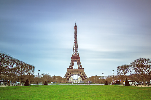 Beautiful tranquil long exposure view of the Eiffel tower in Paris, France