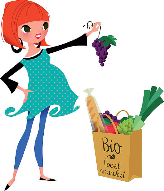 Pregnancy with Healthy Food. Pregnant  woman with  bio-food in the sopping bag. EPS10, RGB, use transparency. pregnant clipart stock illustrations
