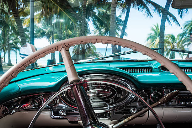 American classic car in Cuba with interior and beach view stock photo