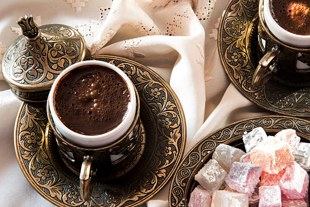 turkish coffee with delight and traditional copper serving set - türk kahvesi stok fotoğraflar ve resimler