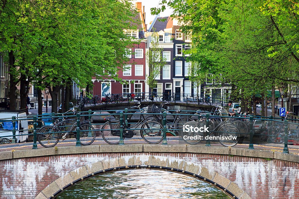 Bike bridge Amsterdam Typical view of bicycles on a bridge over a canal in Amsterdam in summer 2015 Stock Photo