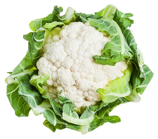 Photo of fresh ripe cauliflower isolated on white