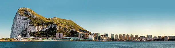 Day view of Gibraltar. Gibraltar is a British Overseas Territory located on the southern end of the Iberian Peninsula at the entrance of the Mediterranean Sea