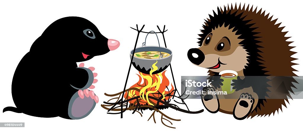 cartoon mole and hedgehog near campfire cartoon mole and hedgehog preparing food on campfire in wild camping, isolated image for little kids Mole - Animal stock vector