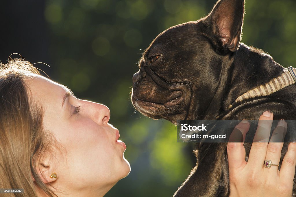 Love the Dog Girl holding a French bulldog in her arms. Adult Stock Photo