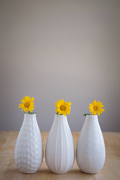 Three white vases with yellow flowers on a wood table. stock photo