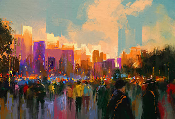 people in a city park at sunset beautiful painting of people in a city park at sunset cityscape patterns stock illustrations