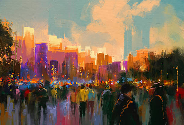 people in a city park at sunset beautiful painting of people in a city park at sunset art picture stock illustrations