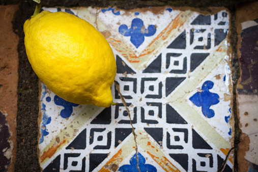 Bright Lemon on Antique Broken Italian Tile (Still Life)