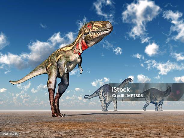 Nanotyrannus E Apatosaurus - Fotografias de stock e mais imagens de Apatossauro - Apatossauro, Animal, Criação Digital