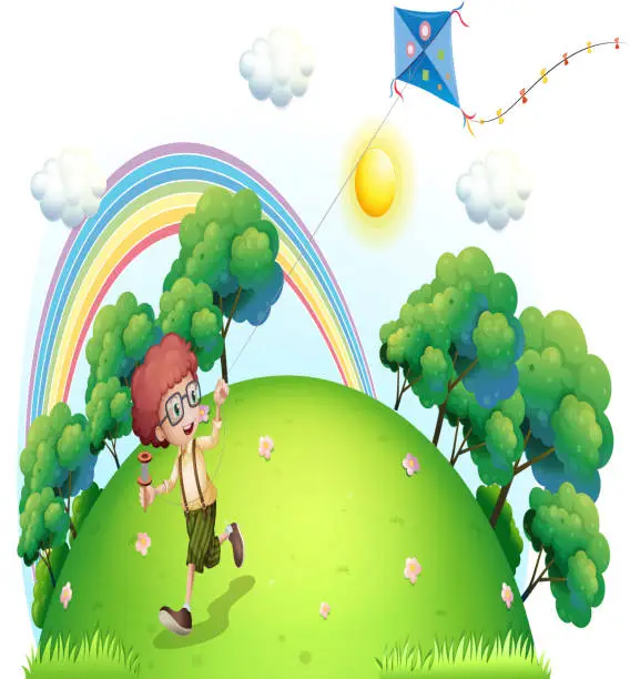 Vector illustration of Boy playing with his kite at the hilltop