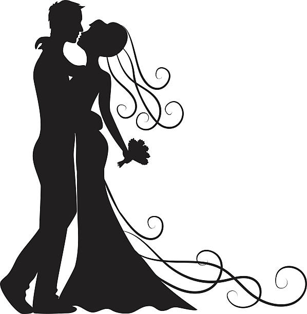 kissing groom and bride Black silhouette of kissing groom and bride wedding silhouettes stock illustrations
