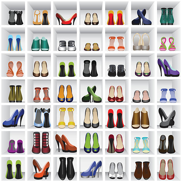 ilustrações, clipart, desenhos animados e ícones de calçados nas prateleiras - shoe high heels tall women