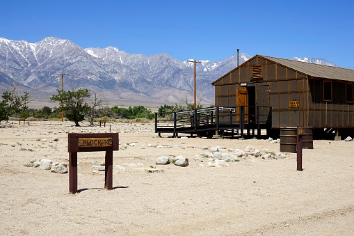 Replica of a prisoners' barracks of the Manzanar National Historic Site in California. Manzanar was a relocation center where the US government under  President Franklin D Roosevelt ordered the incarceration of over 110,000 Japanese-Americans during World War II.