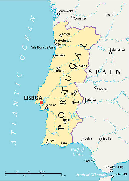 Portugal Political Map Political map of Portugal with capital Lisbon, national borders, most important cities, rivers and lakes. Vector illustration with English labeling and scaling. sevilla stock illustrations