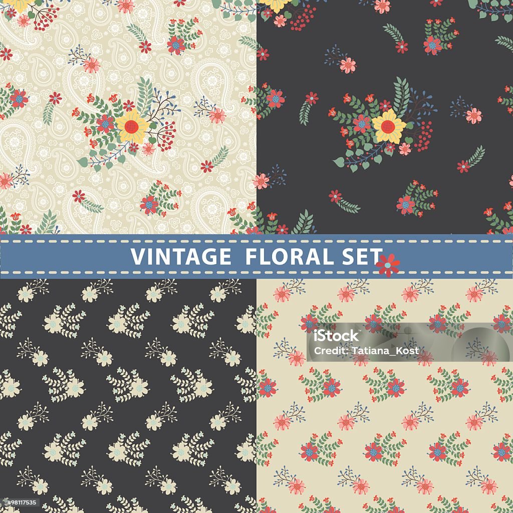 Seamless pattern set.Flowers,branches,berries in retro style Seamless  pattern set.Cute floral stylized arrangement in retro style with Paisley.Vintage vector illustration Autumn stock vector