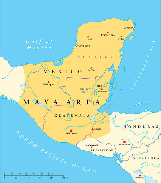 Maya High Culture Area Map Classic and post-classic Maya civilization in Mesoamerica. Political map with capitals, national borders, most important ancient cities, rivers and lakes. Vector illustration with English labeling and scaling. ancient civilization stock illustrations