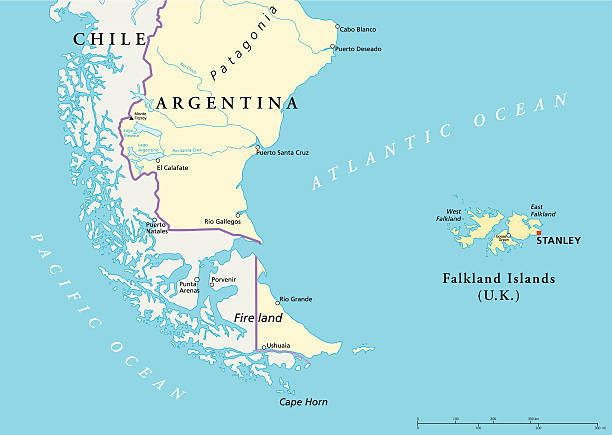 Falkland Islands Policikal Map Political map of the Falkland Islands and a part of South America with national borders, most important cities, rivers and lakes. Vector illustration with English labeling and scaling. fitzroy range stock illustrations
