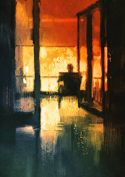 man sitting on chair looking the view outside back view of a man sitting on chair looking the view outside,digital painting acrylic painting illustrations stock illustrations