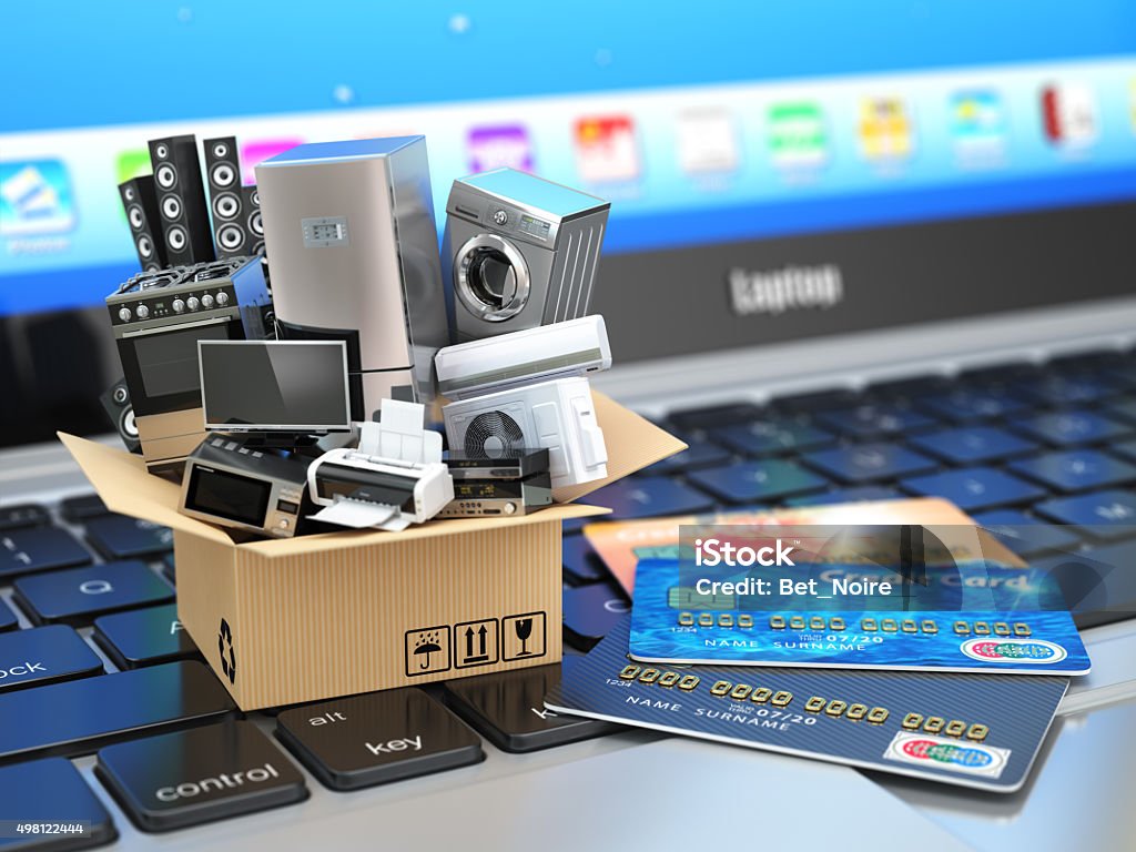 E-commerce or online shopping  delivery concept. Home appliances E-commerce or online shopping or delivery concept. Home appliance in box with credit cards on the laptop keyboard. 3d Factory Stock Photo