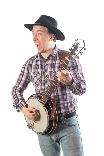 Portrait of a cheerful man with a banjo