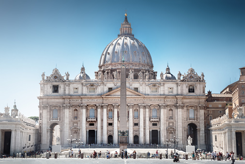 domes of the Church of the Most Holy Name of Mary and Santa Maria di Loreto in Rome seen from Piazza Venezia; Rome, Italy