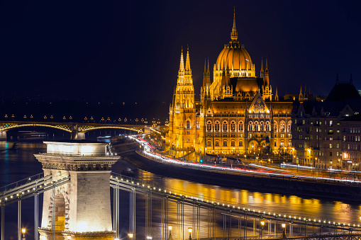 View of the Hungarian Parliament Building and the Chain Bridge in Budapest at dusk