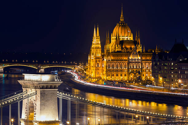 View of Chain Bridge and Parliament in Budapest at dusk stock photo