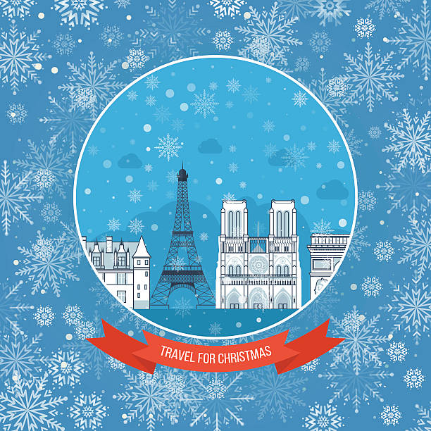 Travel to France for christmas. Greeting card design. City winter. Travel to Europe. Travel to France for christmas and New Year. Cute invitation card with winter city life and space for text. Merry Christmas greeting card design. Paris Christmas winter.  eiffel tower winter stock illustrations