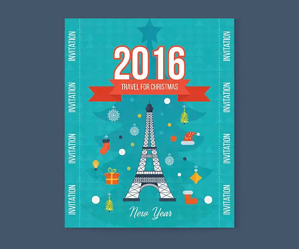 Vector illustration of Travel to Paris for christmas. Greeting card design. Flyer Templates.