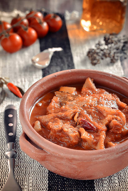 Tripe soup with tomatoes. Selective focus. stock photo