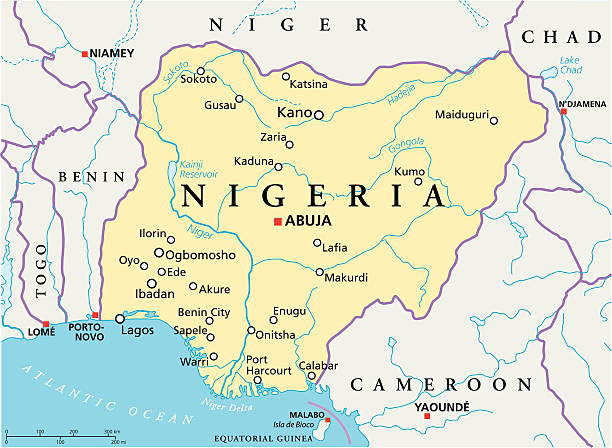 Nigeria Political Map Political map of Nigeria with capital Abuja, national borders, most important cities, rivers and lakes. Vector illustration with English labeling and scaling. chad central africa stock illustrations