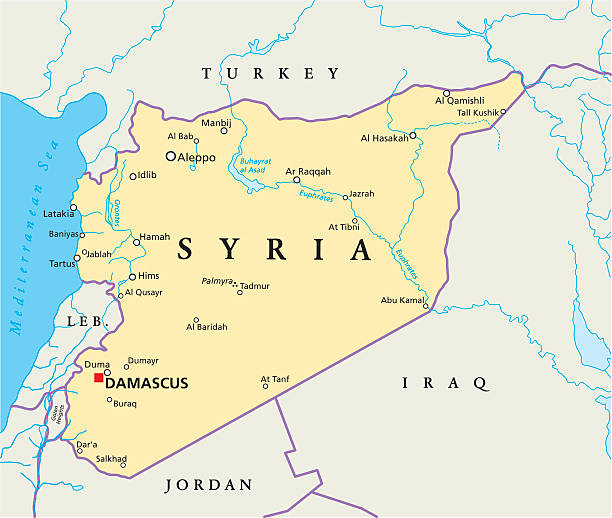 Syria Political Map Political map of Syria with capital Damascus, national borders, most important cities, rivers and lakes. Vector illustration. syria stock illustrations