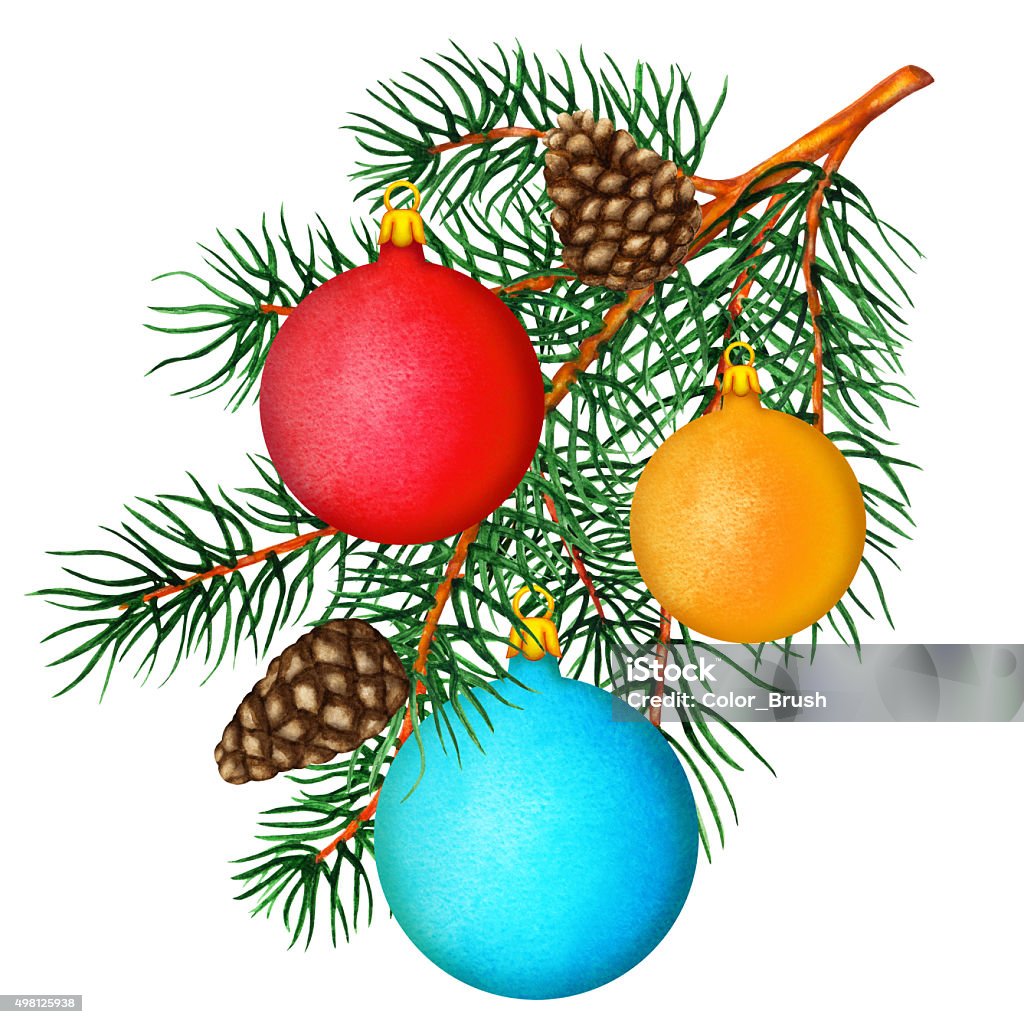 Watercolor pine tree branches, cones, balls Watercolor pine tree branches, cones, balls closeup isolated on white background.Christmas decoration . Hand painting on paper Blue stock illustration