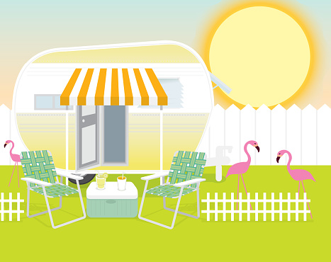 Vector illustration of sunny trailer park scene. Happy sunny background. Includes trailer, pink flamingos, cooler with beverages, picket fence and lawnchairs. Bright sun in background with shading. Fun summer times, relaxing times, beach, drinks, restful, travelling, family, friends, cool, ice tea, lemonade. Vacation, holidays, ice, retro, camper, games, laughing, party.