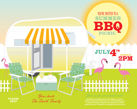 Vector illustration of sunny trailer park set. Happy sunny background. Includes trailer, pink flamingos, cooler with beverages, picket fence and lawnchairs. Bright sun in background with shading. Fun summer times, relaxing times, beach, drinks, restful, travelling, family, friends, cool, ice tea, lemonade. Vacation, holidays, ice, retro, camper, games, laughing, party.