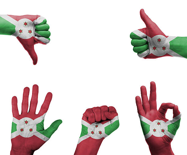 A set of hands with different gestures wrapped in the flag of Burundi