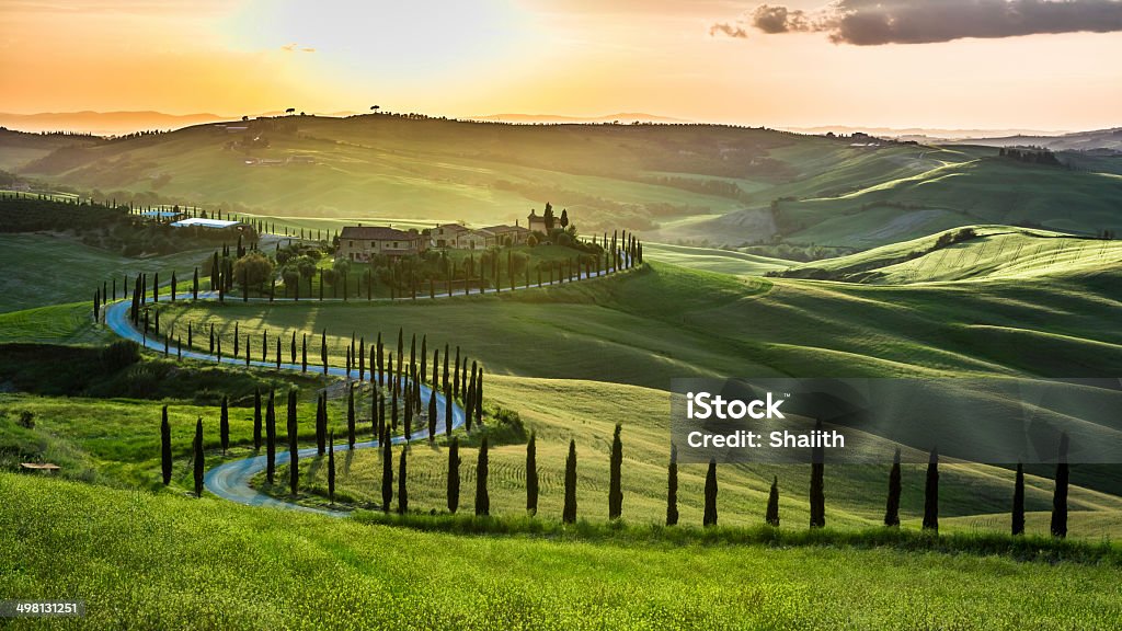 Sunset over the winding road with cypresses in Tuscany Sunset over the winding road with cypresses in Tuscany. Tuscany Stock Photo