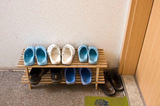 Shoes in the hallway in front of an entrance door