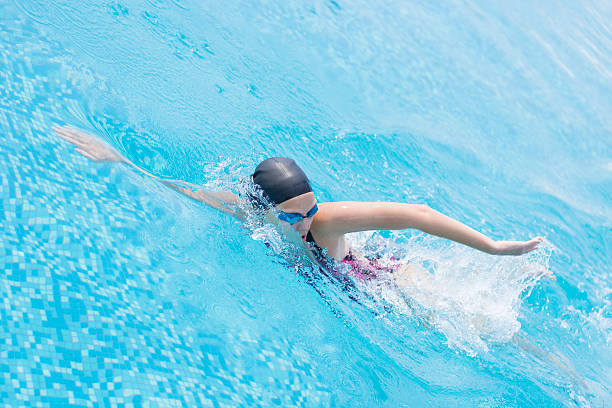 istock Woman in goggles swimming front crawl style 498141750