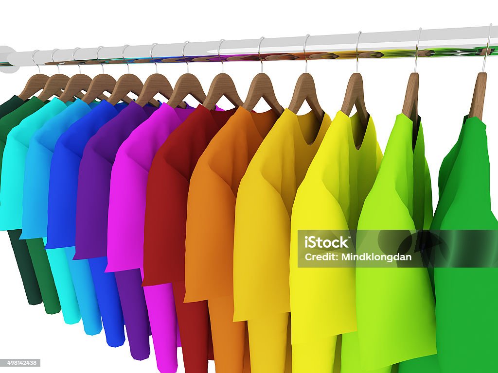 colorful t-shirts with hangers isolated on white,3d 2015 Stock Photo