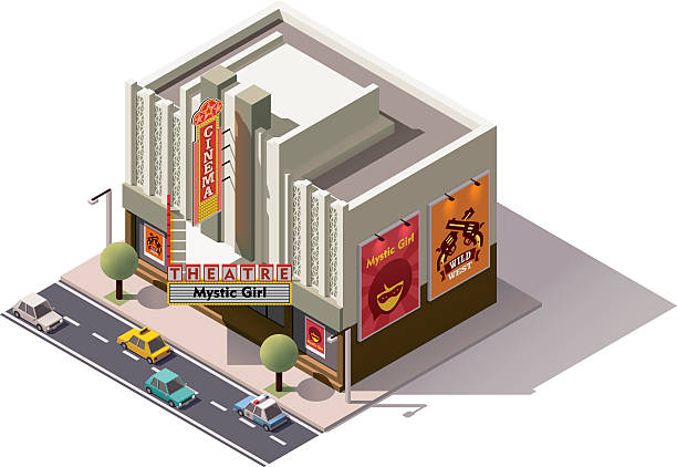 Vector isometric cinema Vector isometric movie theater building icon movie-theater-exterior stock illustrations