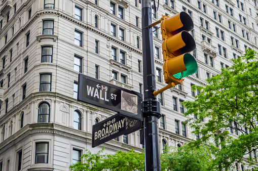 The sign of the Wall street and the Broadway in Manhattan.