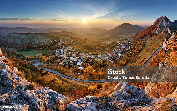 Landscape With Village Mountains And Blu Sky Panoramic Stock Photo - Download Image Now