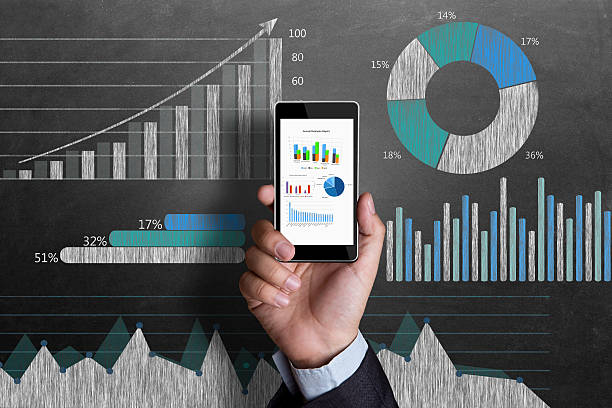 istock Business chart on blackboard with smart phone in human hand 498149234